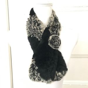 Black & Ivory Knitted Rabbit Fur Neck Scarf with Rosette